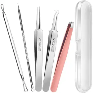 Blackhead Remover and Pimple Popper Tool Kit, 2 Blackhead Extractor, 1 Ingrown Hair Tweezers, 2 Pimple Extractor Pore Extractor Blackhead Remover Tool Acne Tools for Face