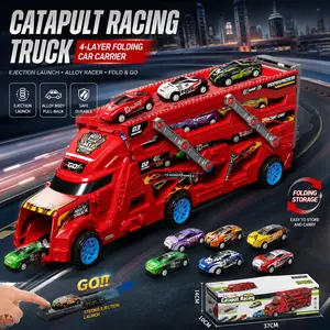 Toy Car Carrier Truck Set for Kids, Pull Back Alloy Vehicle Launcher Playset with 6 Mini Cars for Boys