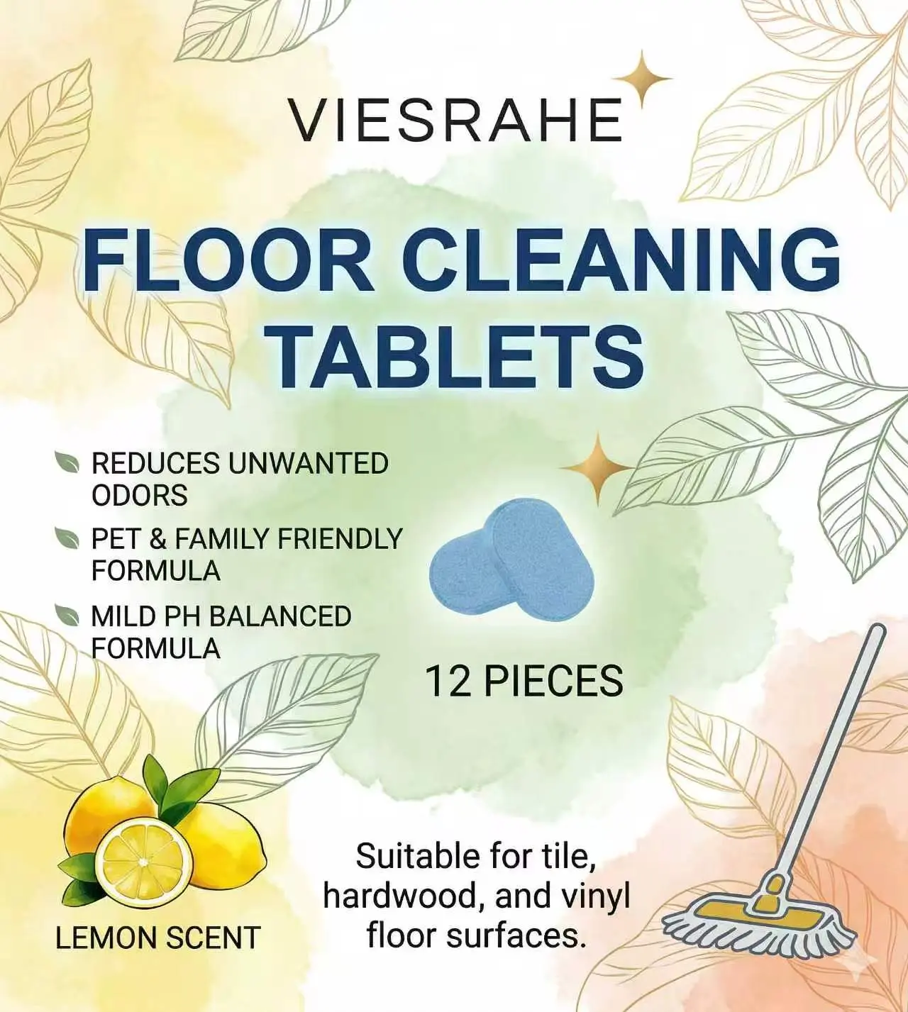 Floor Cleaning Tablets for Robot Vacuums & Mop Systems, Quick-Dissolving Hard Floor Cleaner for Tile, Vinyl, Laminate & Sealed Hardwood Floors, Fresh Lemon Scent (12)