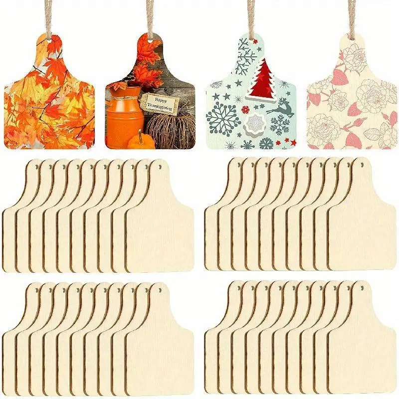 Value Pack 40pcs Wooden Cow Ear Tags, Unfinished Wooden Hanging Cow Ear Tags, Natural Blank Wooden Paper Cut Tags, Farmhouse DIY Handmade Thanksgiving Christmas Birthday Party Decoration Rope Wooden Tags