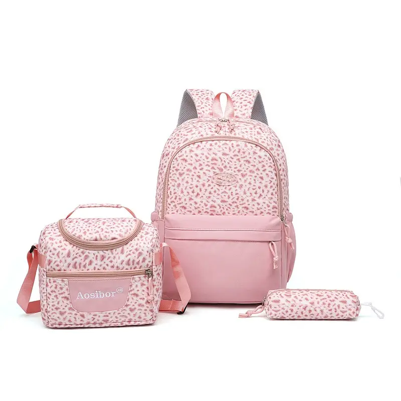 3Pcs Women Pink Leopard Print Backpack Set, Fashion Lightweight Water Resistant School Backpack with Insulated Lunch Bag and Pencil Pouch, Casual Daypack for Teen Girls School Travel Daily Use