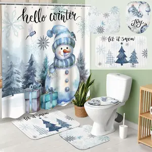 4 Pcs Christmas Shower Curtains Set with Non Slip Rug Winter Christmas Bathroom Decor Toilet Lid Cover and Bath Mat Snowman Shower Curtain with 12 Hooks for Xmas Bathroom Decor