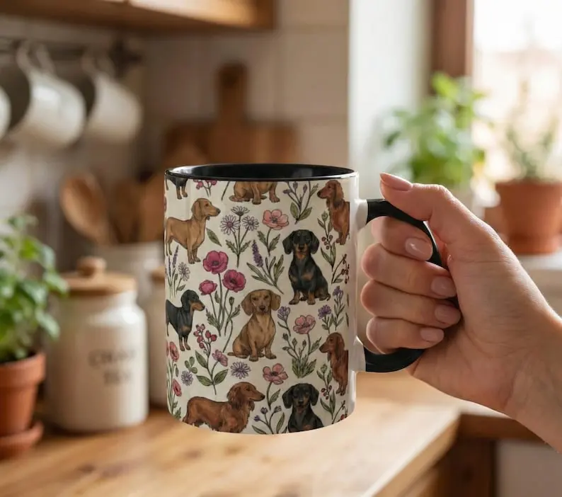 Dachshund Floral 11oz Accent Mug, Doxie Weiner dog Tea Cup Gift