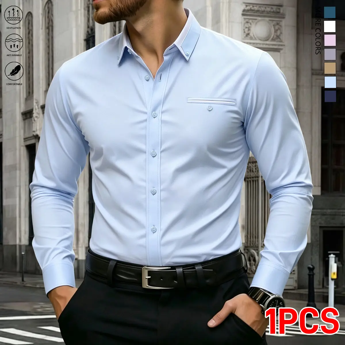Men's Slim Fit Dress Shirt - Long Sleeve Solid Polyester Button-Up with Chest Pocket, Stretchy & Wrinkle-Free for Business Casual