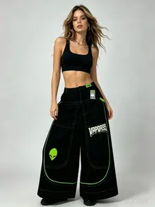 Jeans For Women Black With Neon Green Stitching And Skull-And-Flame Embroidery High-Waisted Jeans Loose-Fitting Work Pants Y2k Streetwear Punk-Hip-Hop Casual Bottoms—Perfect For Nightclubs Parties And Everyday Street Style