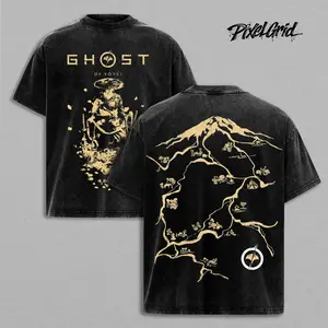 Ghost Of Yotei Double Printed Unisex Acid Washed Lightweight Cotton T-Shirt, Graphic Tee, Streetwear Menswear
