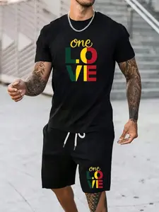 Men's Printed Two-Piece Set Casual Crew Neck Short Sleeve T-Shirt and Drawstring Shorts, Stylish All over Print for Summer Fashion