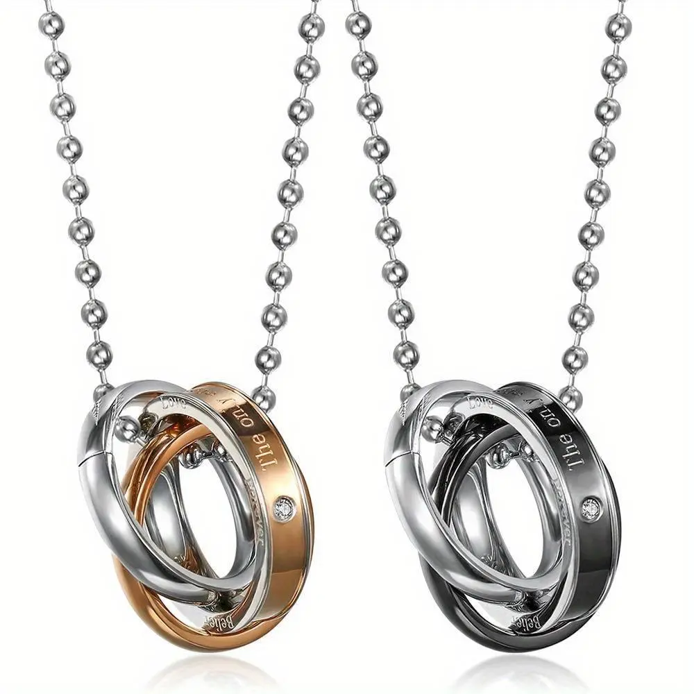 Stainless Steel Letter Ring Chain Jewelry Necklace with 3 Rings, Sparkling Zircon Stone, 1pc Fade-Resistant Jewelry for Daily Wear, Valentine's Day Gift, Chain Jewelry Necklaces