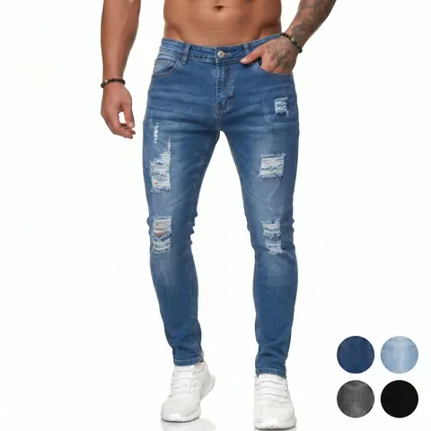 Men's Slim-Fit Distressed Low-Rise Long Straight Denim Jeans with Pocket - Plain Basic Polyester Menswear Bottoms, Medium Elasticity, Medium Weight, Soft Feel, All-Season, Cold-Wash Compatible for Office, Day, Evening Casual Men's Streetwear Outfits