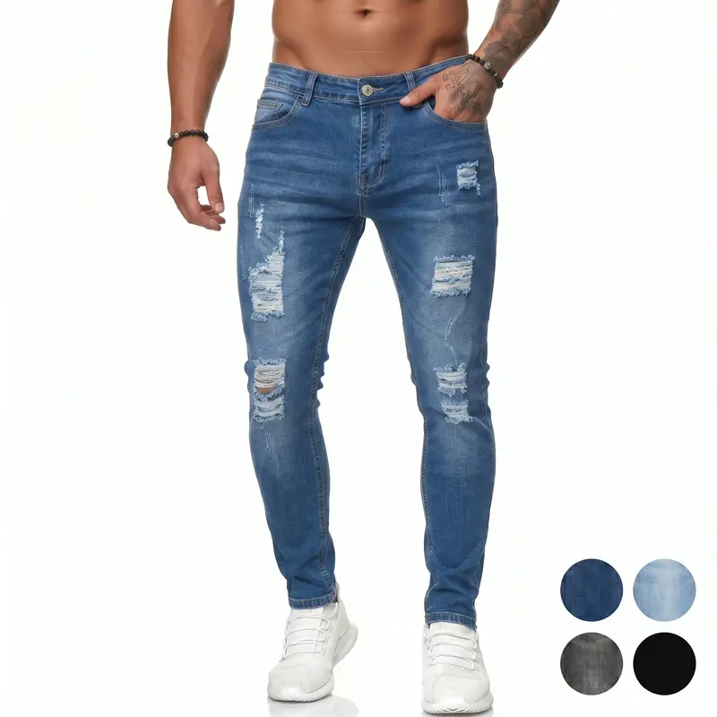 Men's Slim-Fit Distressed Low-Rise Long Straight Denim Jeans with Pocket - Plain Basic Polyester Menswear Bottoms, Medium Elasticity, Medium Weight, Soft Feel, All-Season, Cold-Wash Compatible for Office, Day, Evening Casual Men's Streetwear Outfits