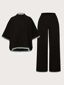 USEEN US Premium Black and White Patchwork Knit Set for Women Shawl Short-Sleeve Top Wide-Leg Pants Elegant Two-Piece Set  2026 New sweaters for women Outfit Clothes Basic