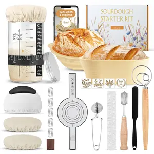 Sourdough Starter Kit - Complete Set with 24 oz Glass Jar, Silicone Banneton Baskets, Danish Whisk, Spatula, Bench Scraper, Bowl Liners, Sling Dough, Lame, Stencils, Flour Sifter, Bowl Covers, Recipes & Support