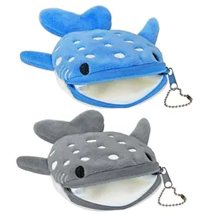 Whale Shark Coin Purse, 2 Pcs Plush Coin Pouch, Cute Kawaii Wallet with Zipper Keychain, Small Embroidered Fish Sea Animal Change Purse for Women