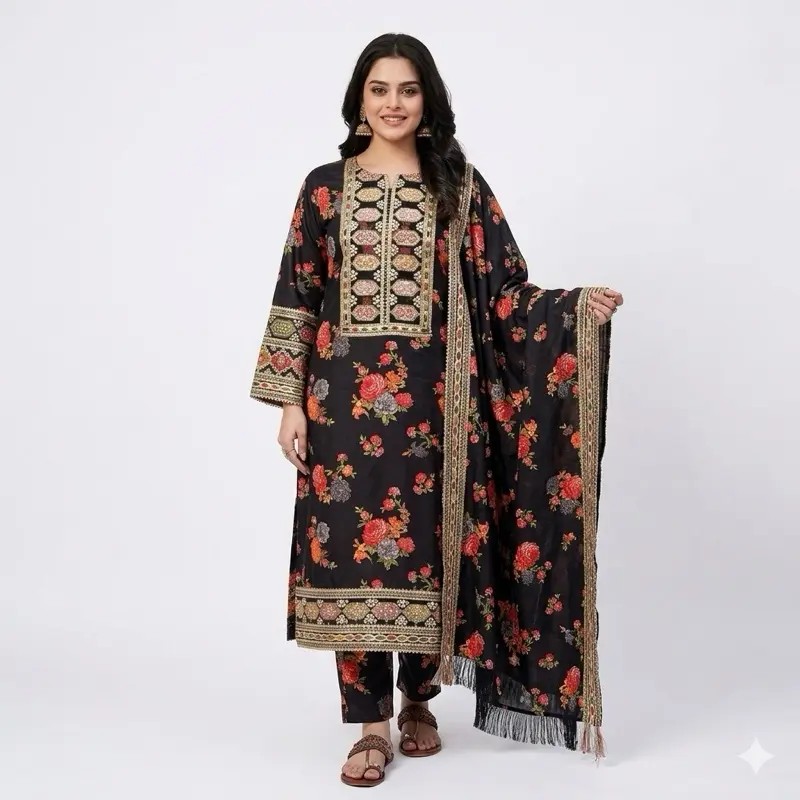 Panjabi Salwar Suit for Women, 3-Piece Pakistani Style Clothes Set with Floral Embroidery and Rich Gold Accents, Sizes S-2XL, Multicolor, Original, Women's Clothes, Punjabi Suit, All Seasons, Blouse/Shirt, Lady, Casual Wear