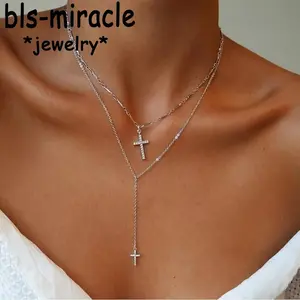 Crystal Cross Necklaces Double Layered