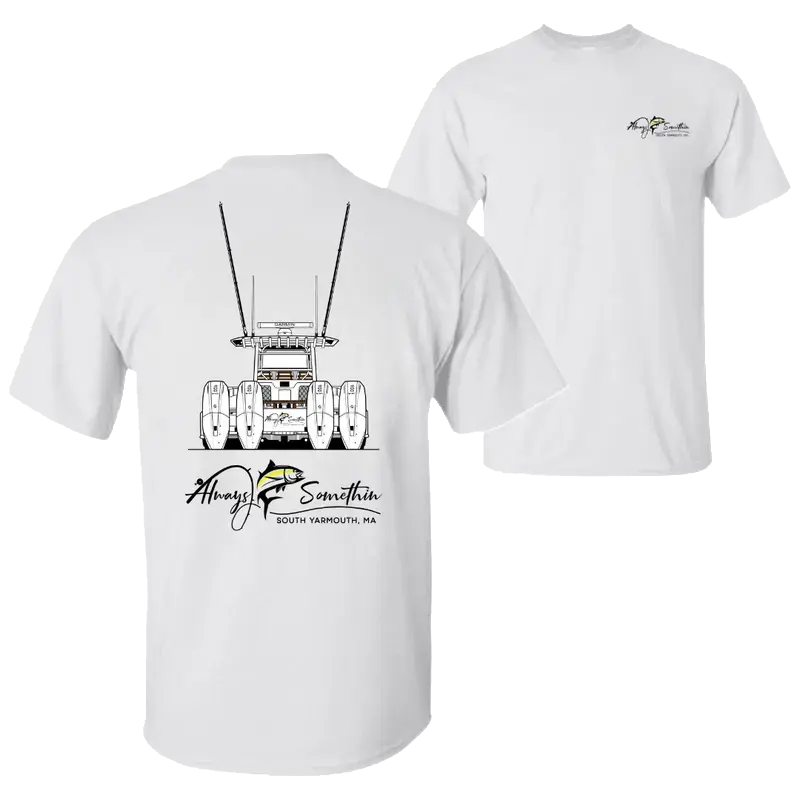 ALWAYS SOMETHIN T-Shirt – Saltwater Fishing Tee Featuring Front Chest Yellowfin Tuna Logo & Quad Outboard Center Console Boat Back Graphic, South Yarmouth MA Coastal Novelty Gift for Offshore Anglers, Menswear Medium Men's