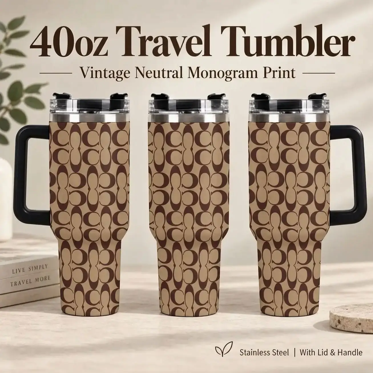40oz Classic C Monogram Print 40oz Tumbler with Straw - Luxury Inspired Signature C Print Insulated Cup, Beige Brown Designer Inspired Leakproof Stainless Steel Travel Mug, Neutral Aesthetic Travel Mug, Perfect for Gifts & Daily Use