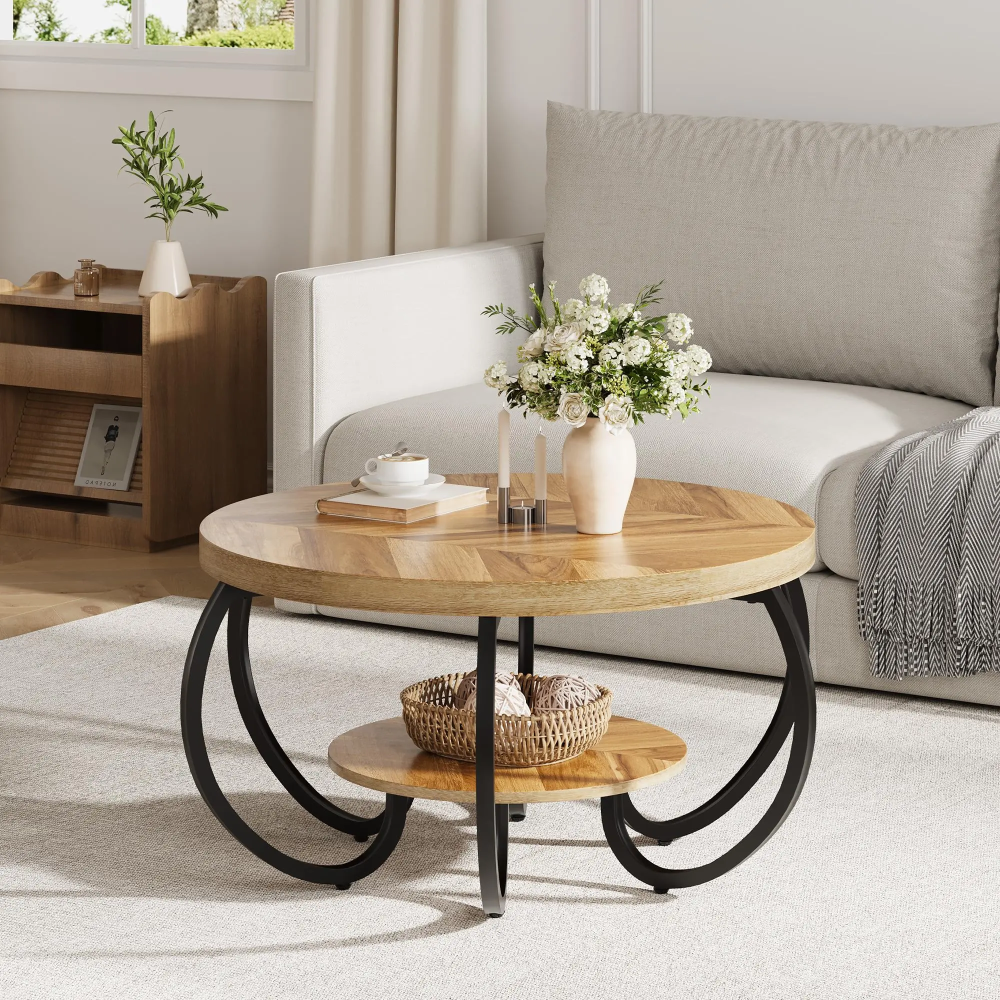 30-Inch Round Oak Wood Top Coffee Table - 2-Tier Industrial Curved Metal Frame Living Room Center Table with Storage Shelves, Fishbone Pattern, Space Saving Furniture, Quick Setup, 2-Tier Living Room Furniture