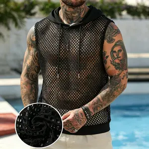2026 European And American Men's Hollow Mesh Hooded Vest, Sheer Sexy Sleeveless Fitness T-Shirt