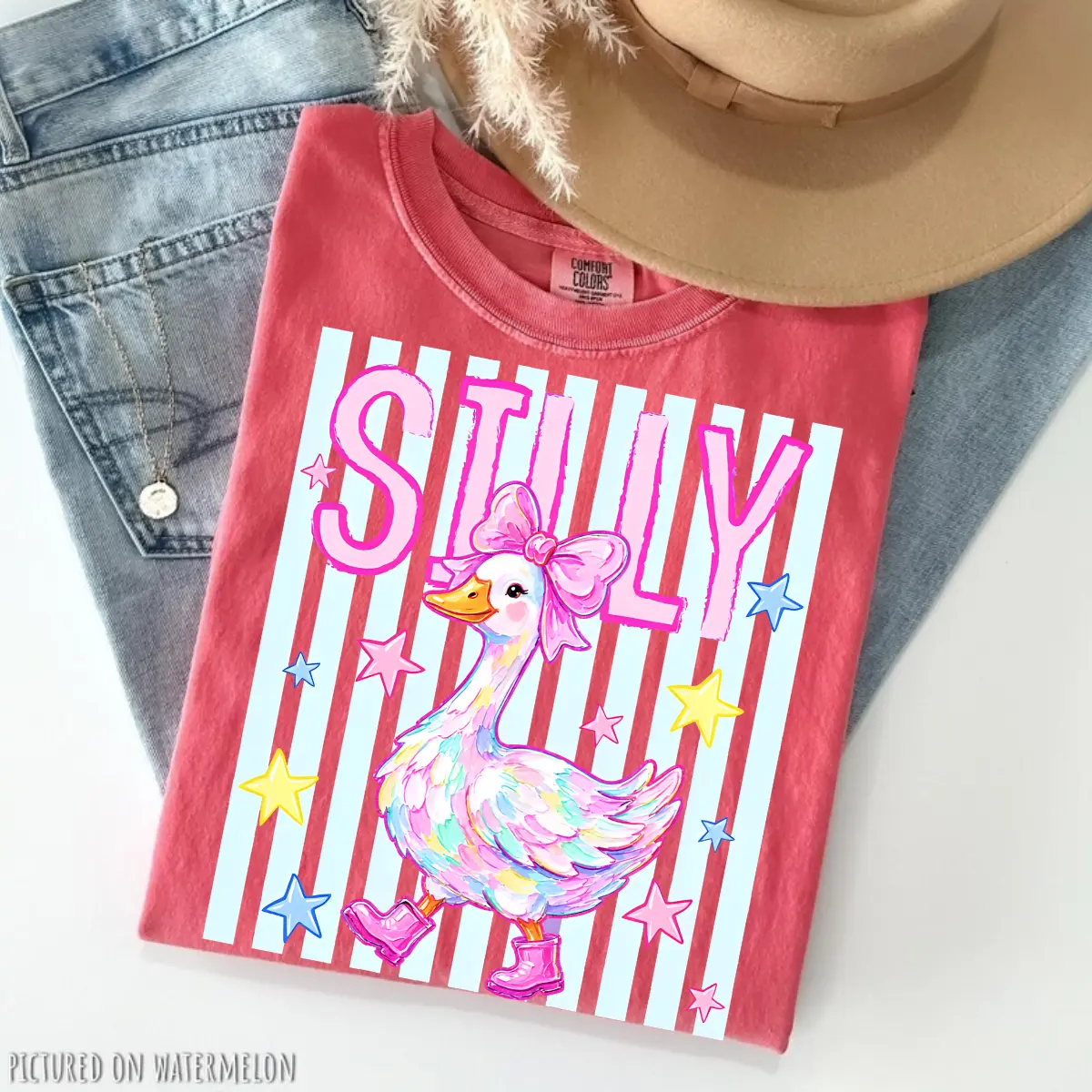 Comfort Colors Silly Goose Shirt, Coquette Pink Bow Goose Tee, Cute Pastel Animal Graphic T-Shirt, Trendy Star Striped Pop Art Shirt, Girly Aesthetic Top