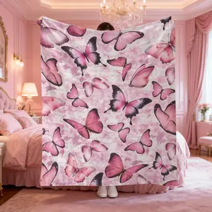 Butterfly Pattern Flannel Blanket, Soft Warm Throw Blanket, Lightweight Cozy Blanket, Air-conditioned Room Blanket, Comfy Nap Blanket for Home & Office & Travel