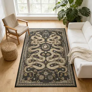 Vintage Plant Snake Pattern Carpet, Anti-Slip Washable Boho Floral Rug, Soft Comfort Home Decor, Ideal for Living Room Bedroom Dining Area