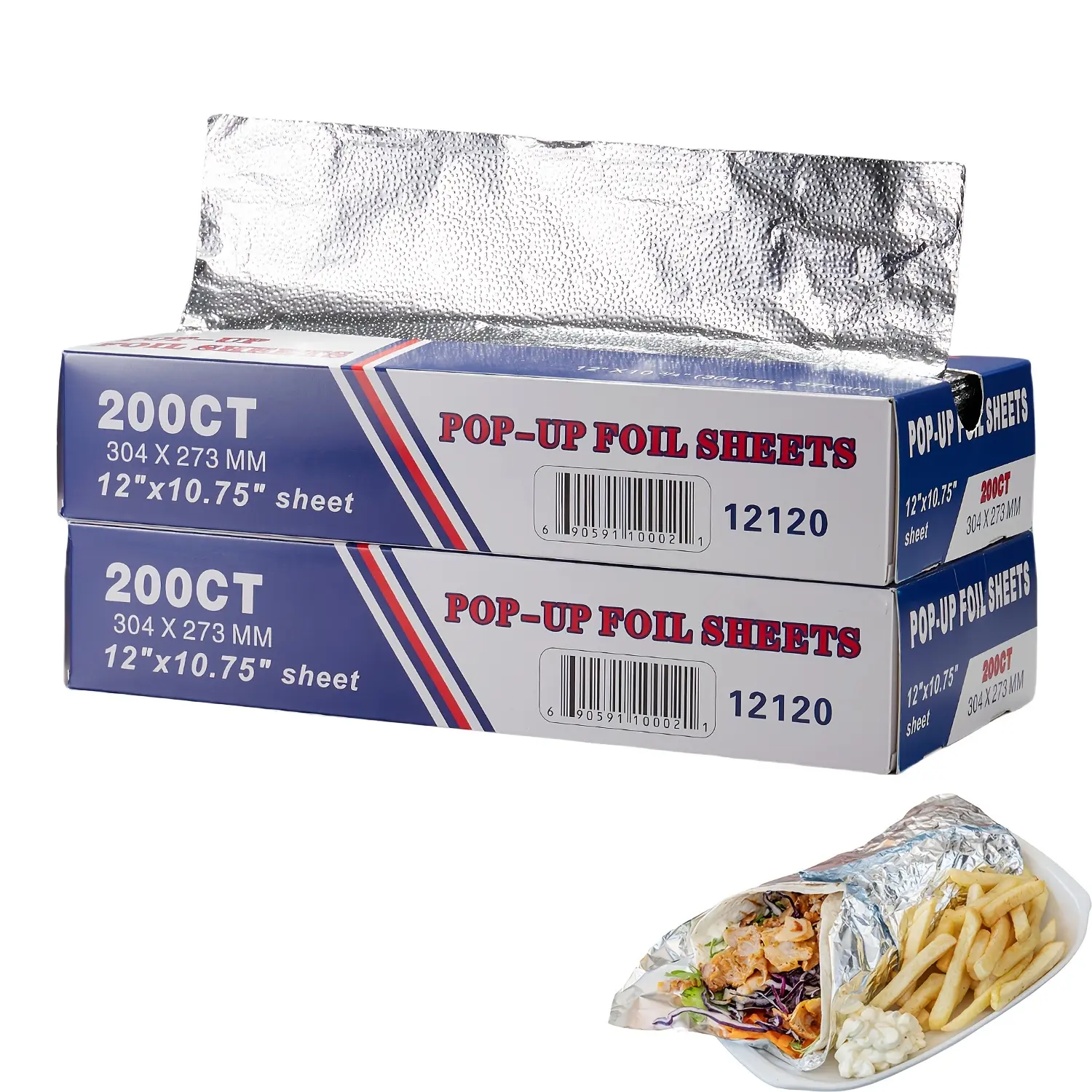 Disposable Pre-Cut Aluminum Foil Sheets, 1 Box of 200 12x10.75in Extra Wide Sheets with Convenient Dispenser, Heat-Tolerant Kitchen Cookware for Food Wrapping, Grilling