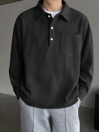 Black Corduroy Turndown Collar Long Sleeve Polo Shirt For Men, Loose Fit Casual Pullover Top, Spring/Autumn