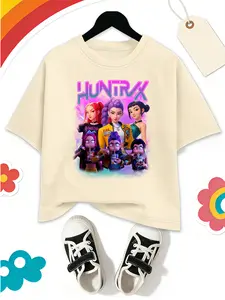 Kpop Demon Hunters Series Girls' T-Shirt, Fashion Print Short Sleeve, Casual Comfortable Cartoon Pattern, Breathable Skin-Friendly