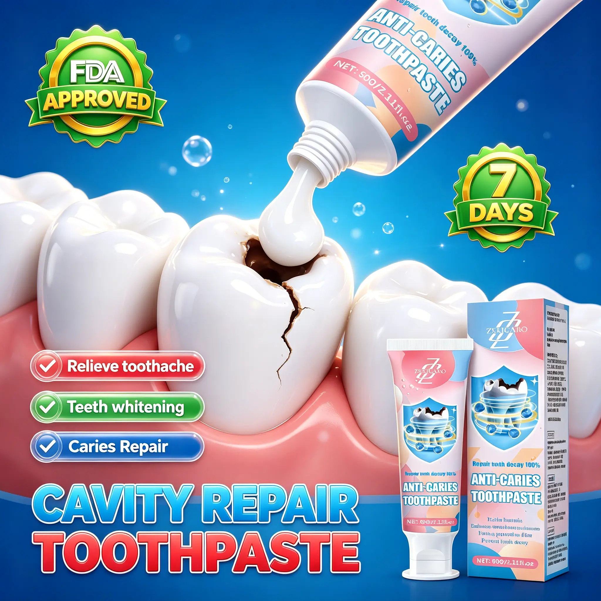 Eliminate cavities toothpaste – FDA certified, repairs cavities, fills holes, revitalizes enamel, removes plaque, relieves toothache, and provides long-lasting oral protection.