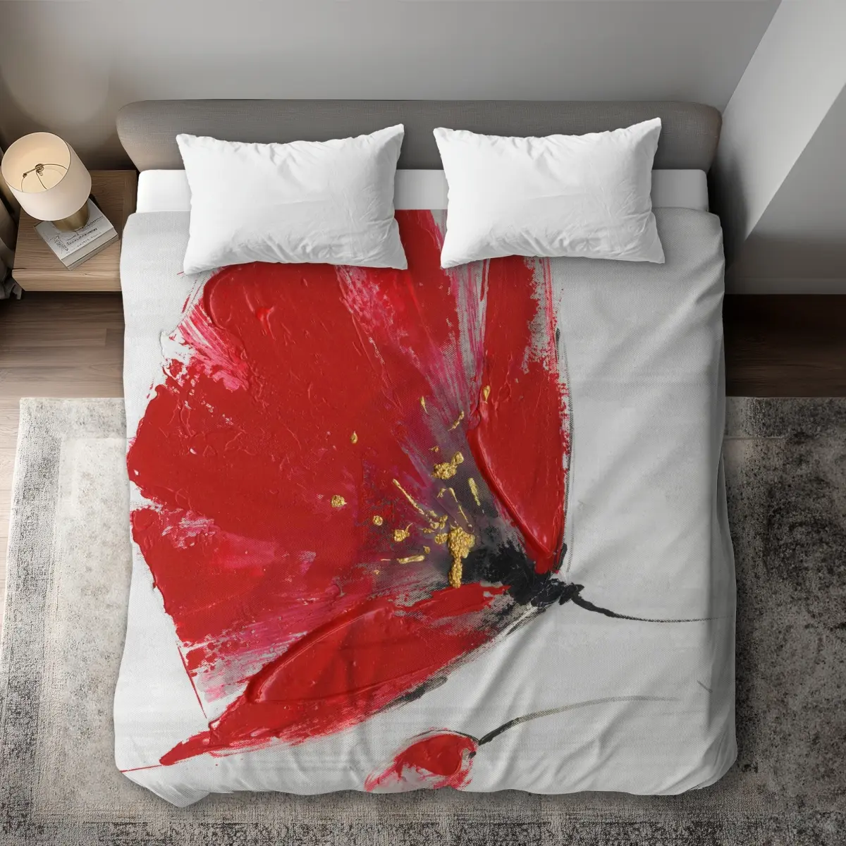 Begin Home Decor C1DCKSW036G1SR Two Red Flowers on Gray King Size Duvet Cover - Floral Home Decor
