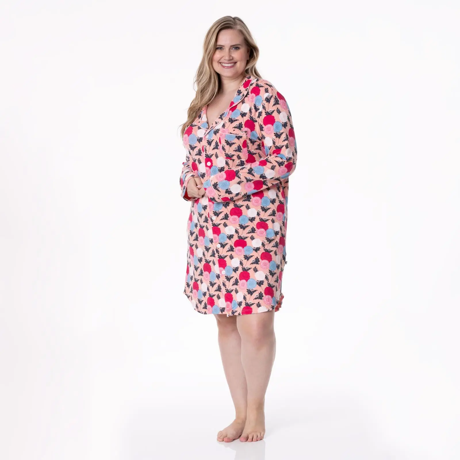 Women's Print Long Sleeve Button Down Nightshirt in Blush Enchanted Floral