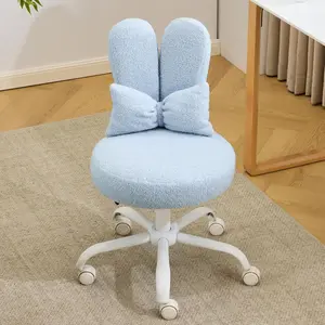 VINGLI Playful Rabbit Ear Swivel Blue Vanity Desk Chair with Wheels&Bow Pillow,Cute Comfy Small Armless Adjustable Rolling Stool for Bedroom/Home Office,for Kids,Teens,Girls,Women,Adults,Teddy Fleece