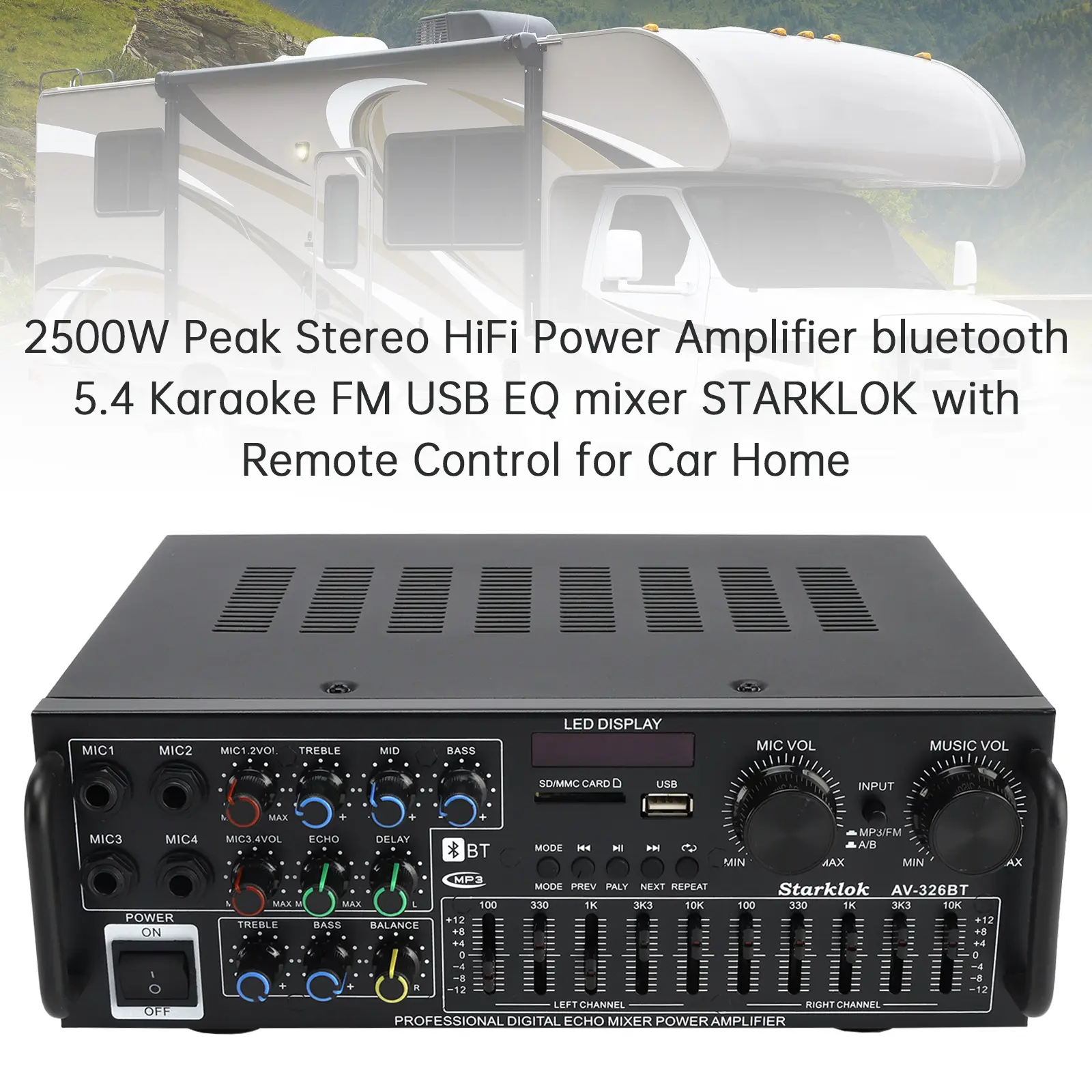 2500W Peak Stereo HiFi Power Amplifier Bluetooth 5.4 Karaoke FM USB EQ Mixer with Remote Control for Car Home
