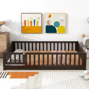 Full Size Floor Bed with Fence and Door Espresso Crib For Infant Floorbed Rubber Wood Safety Guardrails Multi-functional Design Baby Furniture