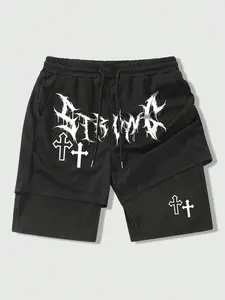 Men's Regular Fit Cross Print 2 in 1 Drawstring Waist Shorts, Casual Pocket Track Shorts for Summer, Fashion Men's Bottoms for Daily Wear, Casual Athletic Shorts, Lightweight Shorts, Athleisure Street Shorts