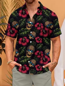 Men's Hawaiian Vacation Shirt with Fun Pineapple and Palm Leaf Pattern, Casual Short Sleeve Fitted Top in Soft Skin-Friendly Material for Comfortable Everyday Wear，Limited-time holiday offer, fast delivery.