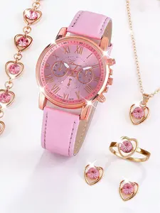 Women's Elegant Round Dial Quartz Watch & Rhinestone Decor Jewelry Set, without Box, Fashionable Jewelry Set, Fashion Watch Set for Party Decor, Trendy Exquisite Watch Set for Birthday Gift