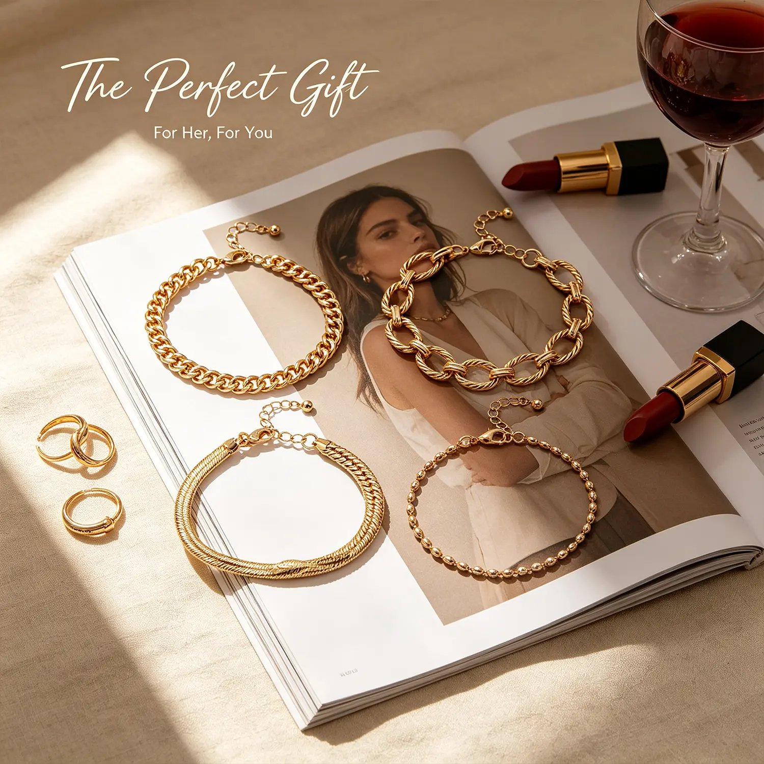 Women's Gold-Plated Chunky Bracelet & Bangle Set - Adjustable Bracelet Stack, Chain Styles (Chunky Links, Beaded, Cuban, Paperclip, Snake, Rope), Dainty Thin Cuff Hand Chain Costume Jewelry for Daily Elegance