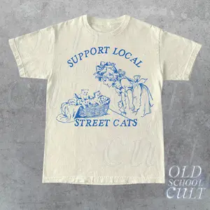 Support Local Street Cats Vintage Graphic Tshirt, Retro 80s Funny Cat Shirt, Gift For Cat Owners, Cute Kitten Oversized Cotton Y2k Shirt