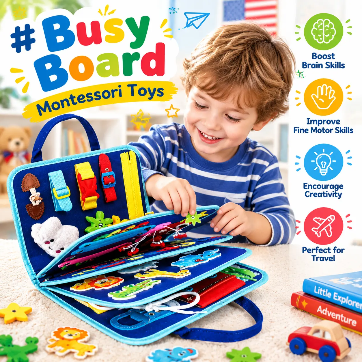 Montessori Toddler Dinosaur Sensory Busy Board - 1-Count Felt 8-Page Unisex Preschool Tool, Prop 65 Safe, with Panels, Zipper, Button, Jigsaw Puzzles, Clock, Calendar, Lace, Belt Play, Shoelace, Fine Motor Skill Development, Kids' Cool Gift
