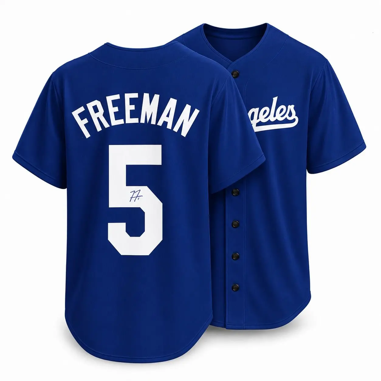 All-over Print Baseball Jersey Without Piping, Blue White Baseball Uniform, Freeman #5 Facsimile Autographed Sports Fan Jersey, Lightweight Breathable Athletic Graphic Baseball Shirt, Game Day Apparel for Men Women Baseball Fans