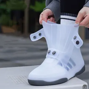 Waterproof Dual-Tone Shoe Covers White NQ382640 - Non-Slip Washable Durable Rubber Rain Boots with Secure Button Closure for Outdoor Activities