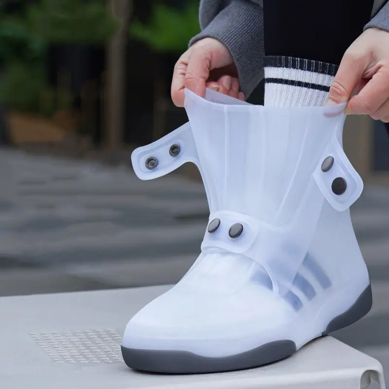 Waterproof Dual-Tone Shoe Covers White NQ382640 - Non-Slip Washable Durable Rubber Rain Boots with Secure Button Closure for Outdoor Activities
