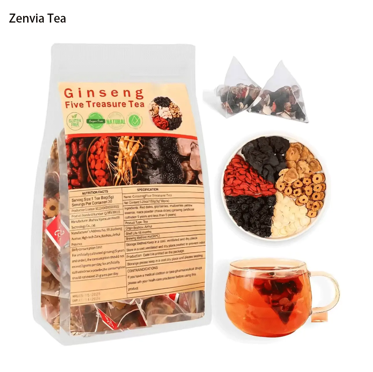 120 Cups Herbiary Kidney Tea Formula-Organic Ginseng Five Treasure Tea ...