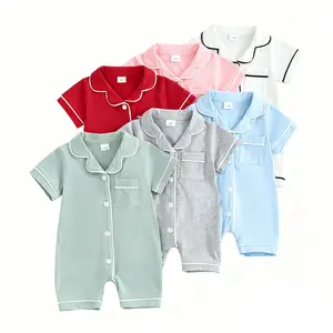 Infant Baby Boy Girl Pajamas Rompers Turn-Down Collar Short Sleeve Sleepwear Buttons Pocket Sleepers Bodysuits 0-24 Months
