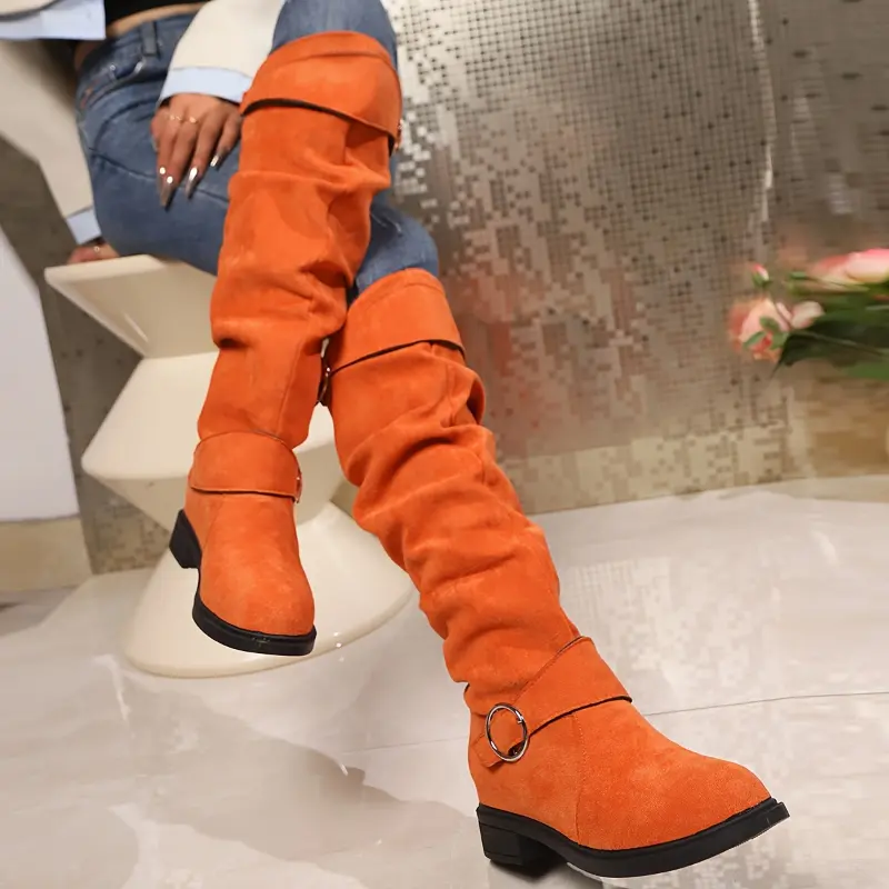 Women's Solid Color Trendy Boots, Buckle Belt Pull On Chunky Heel High Knee Boots, Winter Round Toe Slouchy Boots rave shoes country  girl high  heels winter footwear