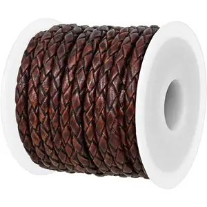 GENIQUE Real/Genuine Round Braided Leather Cord String Rope Folded, Leather Rope for Crafts, Jewelry Making, Necklace, Bracelets (5 Metres) (3mm, Antique Brown Distressed)