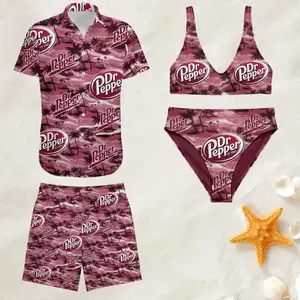 Dr Pepper Couple Matching Swimwear Set, Pink Vintage Tropical Beach Logo Bikini & Hawaiian Shirt Shorts Matching Outfit, Best Gift for Him & Her