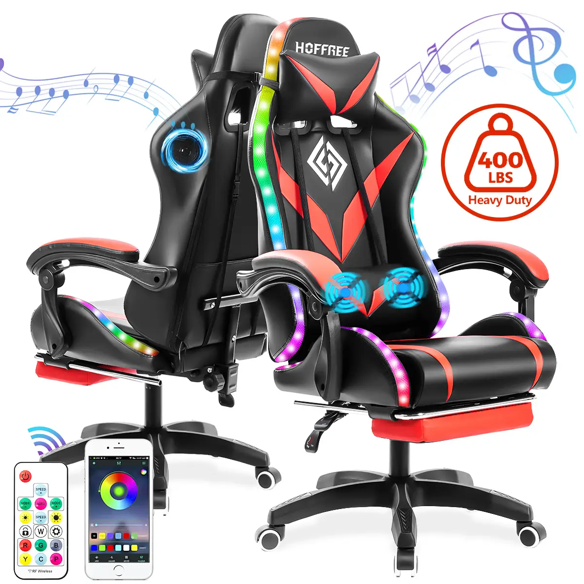 HOFFREE Gaming Chair with Speakers PU Leather Office Chair withFootrest and LED Lights Ergonomic Gamer Chair HeadrestAdjustable Swivel for Home Office